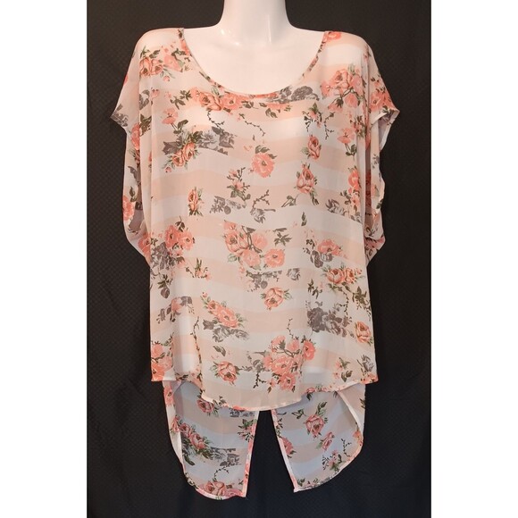 Torrid Pink White Green Striped Floral Print Hi/Lo Chiffon Blouse, 1X - Picture 3 of 6